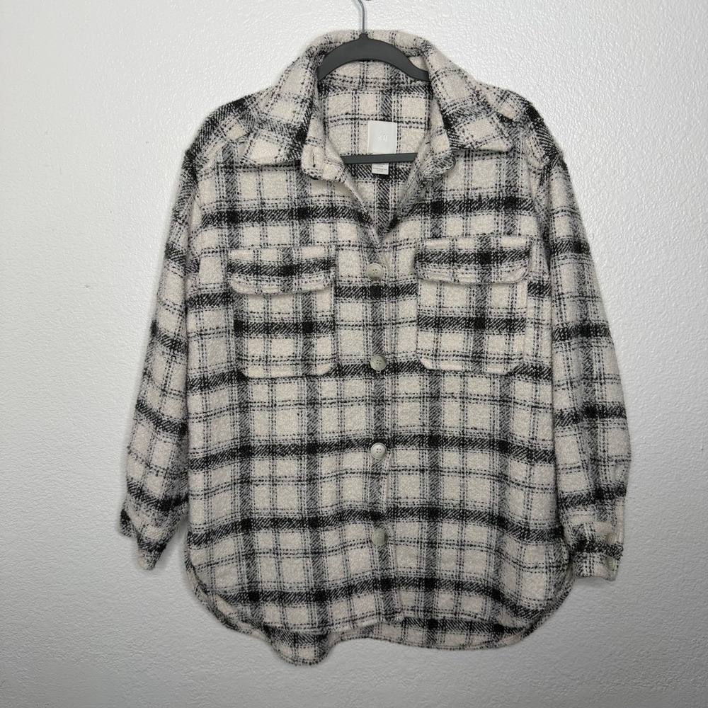 HM Womens Plaid Boucle Shacket Black White Button Up Shirt Jacket Small 0898692